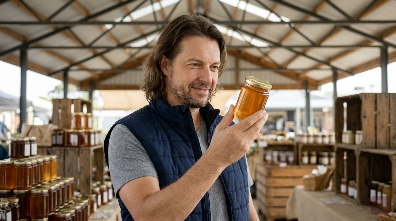 KI-generiert: Maik Marx prüft auf einem Wochenmarkt ein Glas Honig im Gegenlicht