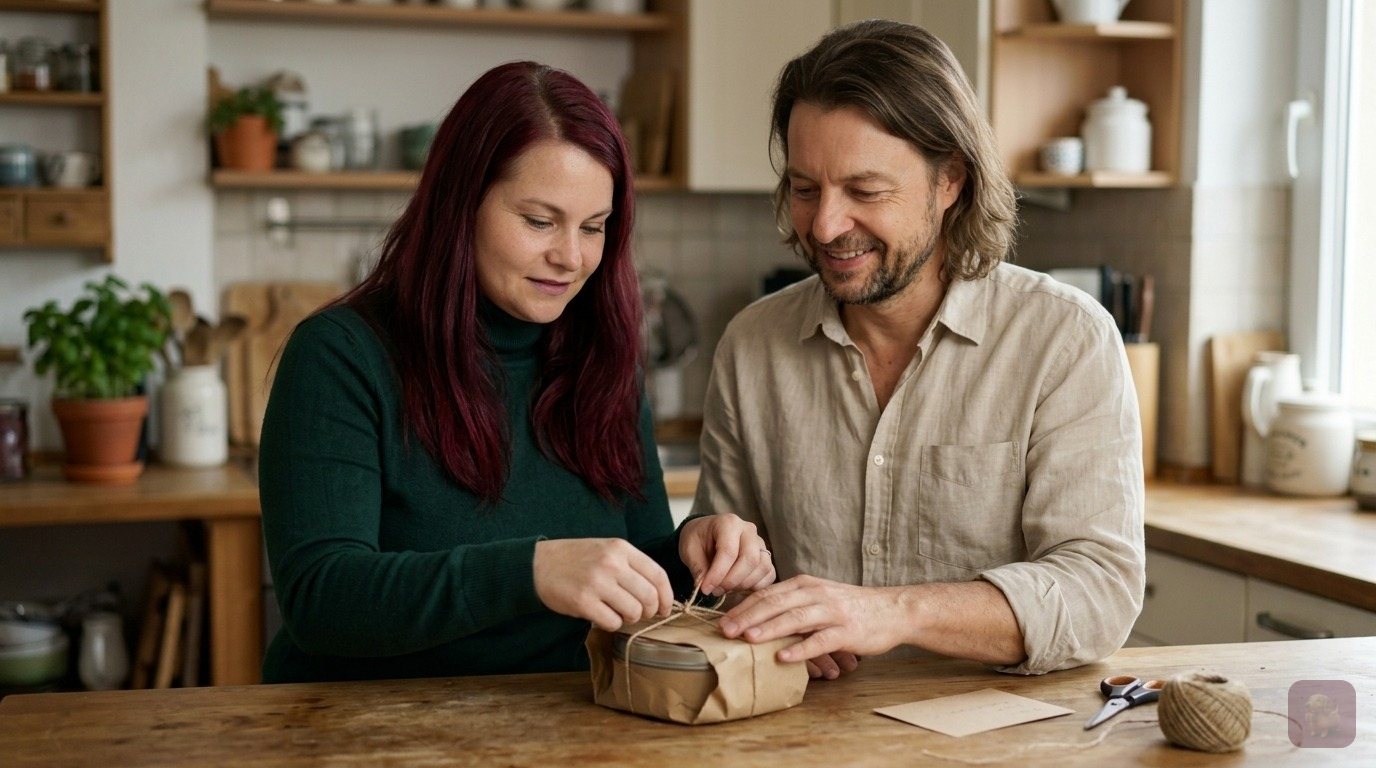 KI-generiert: Maik Marx und eine Kollegin verpacken eine Dose in Packpapier mit Schnur