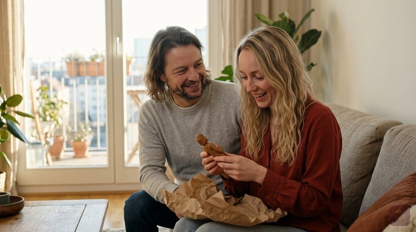 KI-generiert: Eine Gastgeberin packt in einem Wohnzimmer im Ausland eine kleine Holzfigur aus, Maik Marx schaut zu