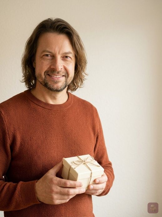 KI-generiert: Maik Marx hält lächelnd eine kleine Geschenkbox mit Schleife