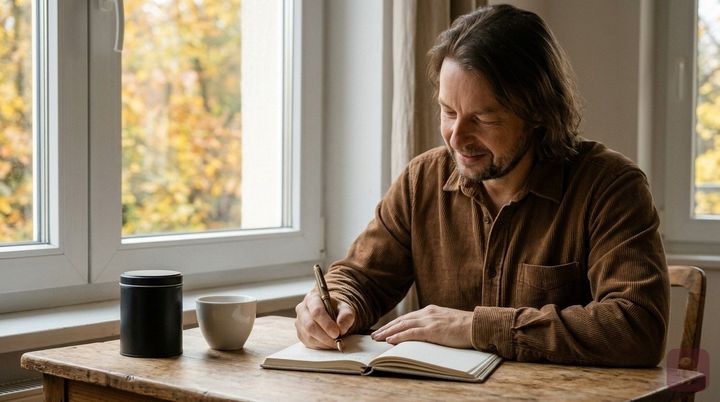 KI-generiert: Maik Marx schreibt an einem Holztisch, daneben liegen Notizbuch und eine Teedose