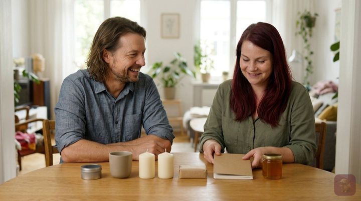 KI-generiert: Maik Marx und eine Kollegin wählen an einem Tisch aus mehreren Geschenkideen aus