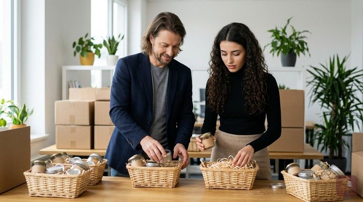 KI-generiert: Maik Marx und eine Kollegin stellen in einem hellen Büro Geschenkkörbe für Kunden zusammen