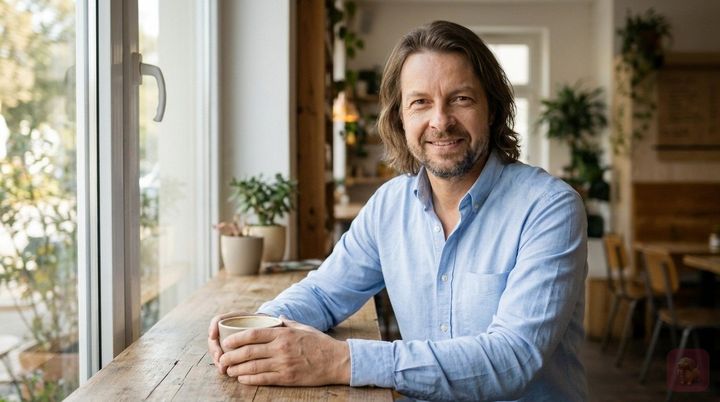 KI-generiert: Maik Marx sitzt mit einer Tasse Kaffee am Fenster und schaut freundlich in die Kamera