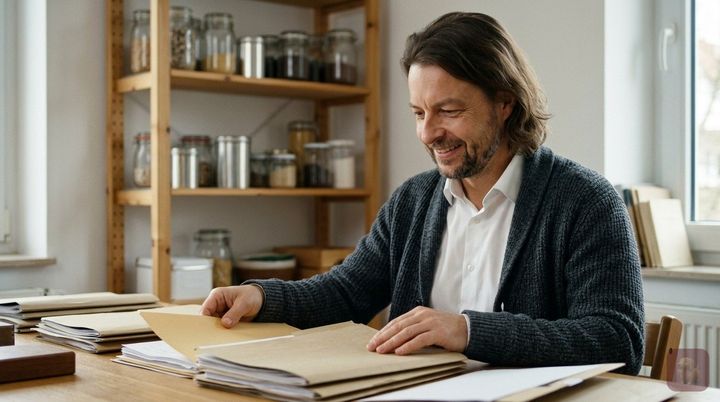 KI-generiert: Maik Marx ordnet an einem Schreibtisch Unterlagen, im Hintergrund ein Regal mit Gläsern