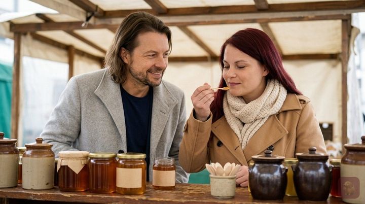 KI-generiert: Maik Marx und eine Kollegin probieren an einem Marktstand Honig und Senf