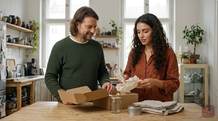 KI-generiert: Maik Marx und eine Kollegin packen an einem hellen Holztisch eine Geschenkbox mit Spezialitäten