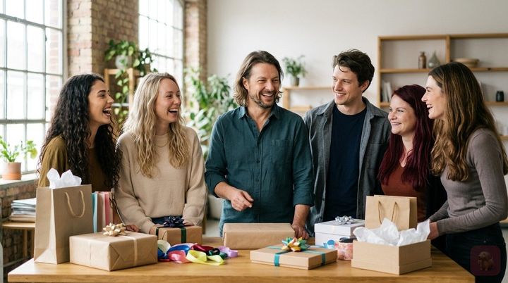 KI-generiert: das Team von Deutschland-Geschenke steht lachend hinter einem Tisch voller Geschenke