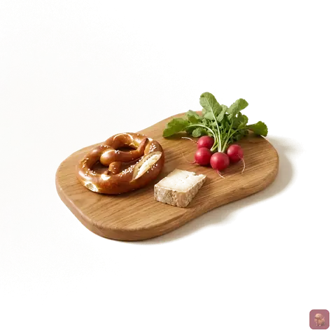 KI-generiert: Brotzeitbrett aus Eichenholz mit Brezel und Radieschen auf hellem Grund