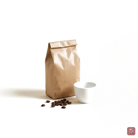 KI-generiert: Kaffeebohnen in einer Papiertüte und eine Tasse auf hellem Grund