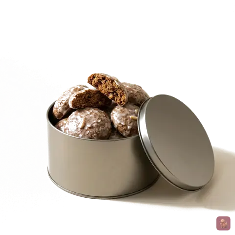 KI-generiert: runde Blechdose mit Lebkuchen, geöffnet, auf hellem Grund